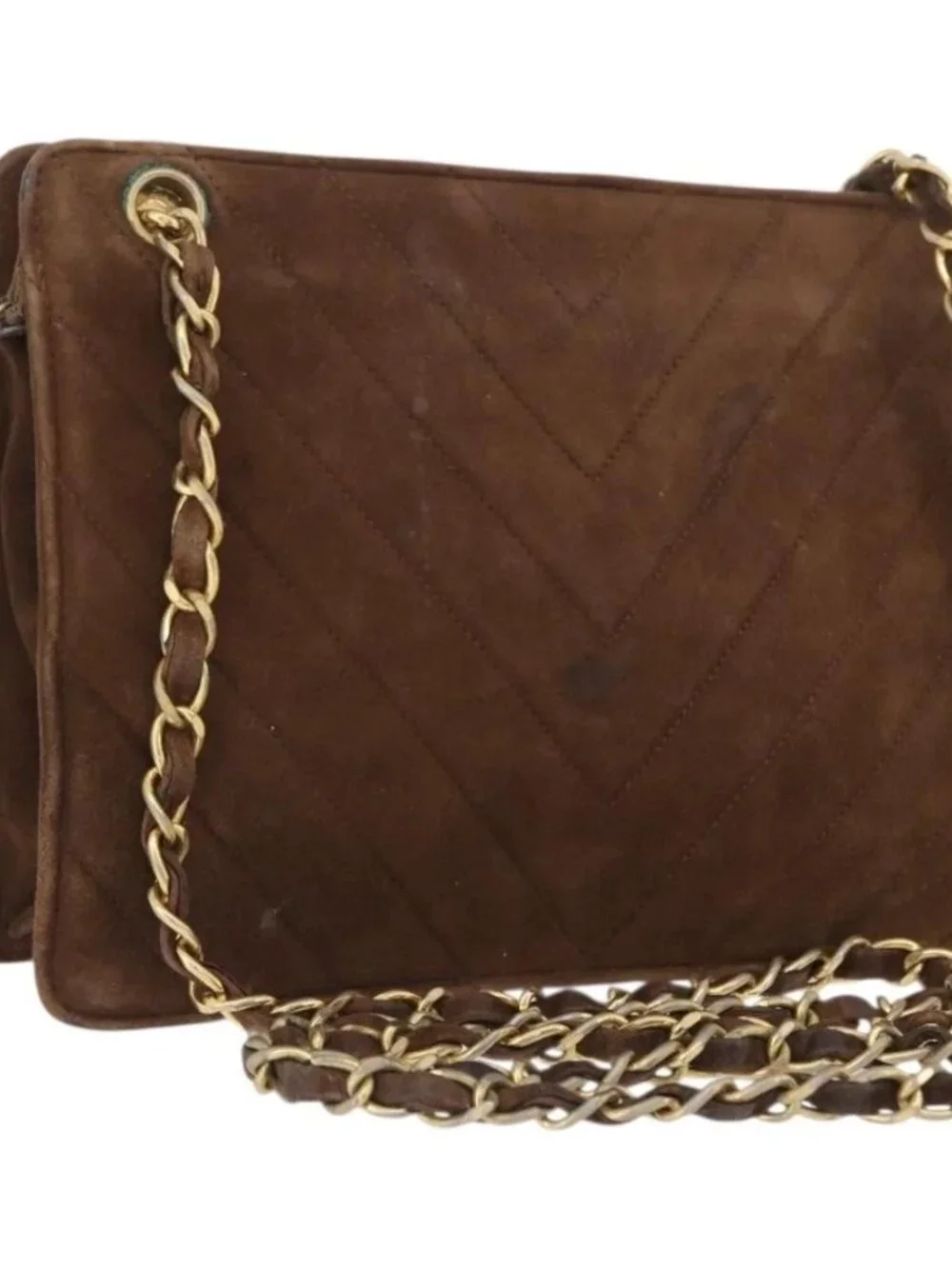 CHANEL V Stitched Chain Shoulder Bag Suede Brown Gold CC Auth 173313V